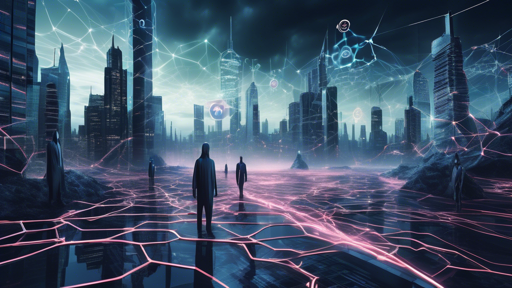 Create an image depicting a futuristic digital landscape, where various surreal ominous entities symbolize ransomware threats. The scene should include a dense network of interconnected data streams and ethereal, ghost-like figures hovering over digital vaults. These figures represent the looming dangers of ransomware, with features like lock and chain motifs. In the background, incorporate a high-tech cityscape symbolizing the world of cyber security, with bright neon colors juxtaposed against the haunting presence of the entities. The image should convey both the complexity and the ever-present danger of cyber threats in a modern, high-tech society.