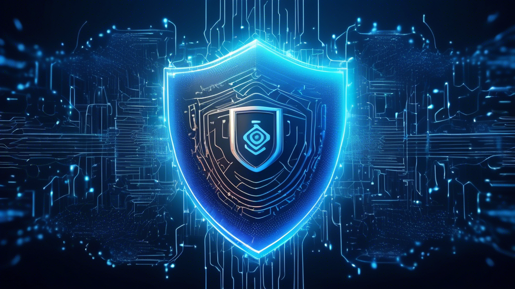 Create an image that depicts a futuristic digital landscape where a massive, glowing shield hovers over a virtual cloud server. The shield is composed of intricate circuit patterns and emits a blue-tinted aura, symbolizing cutting-edge cybersecurity protection. Inside the shield, digital data streams and binary codes flow freely, representing secure data storage and backup. In the background, abstract imagery of interconnected networks and digital locks complete the scene, emphasizing the theme of enhanced data security in the digital age.