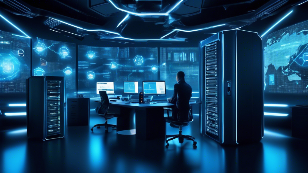 Create an image showcasing a futuristic office environment with advanced cybersecurity measures in place. The room is filled with sleek Dell EMC servers and storage devices surrounded by holographic shields representing ransomware protection. In the background, digital locks and firewall graphics symbolize secure data storage. The scene conveys a sense of cutting-edge technology and robust defense strategies, ensuring business safety against cyber threats.