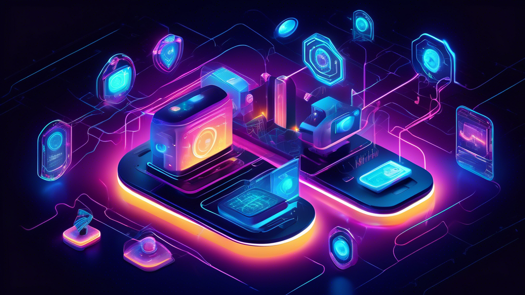 Create a futuristic illustration showcasing a vibrant, interconnected network of IoT devices, such as smart home gadgets, wearables, and industrial machinery, surrounded by a protective, glowing digital shield. The shield should symbolize advanced cybersecurity measures, with intricate geometric patterns and flowing data streams reinforcing security. The atmosphere should be dynamic and tech-forward, with a diverse array of holographic data interfaces. The overall tone should convey innovation and safety in the realm of IoT advancements.