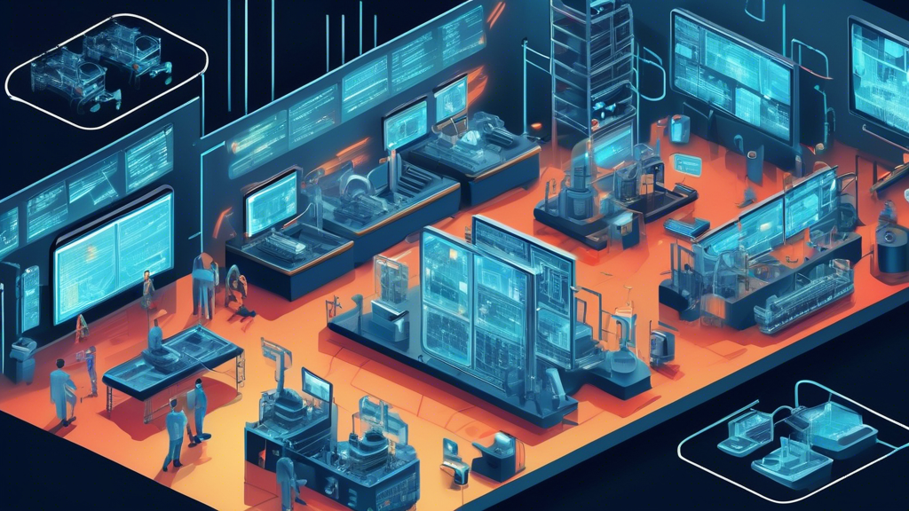 Create a detailed illustration depicting a futuristic industrial facility with advanced cybersecurity measures in place. Highlight various elements such as network firewalls, surveillance drones, encrypted data streams, and security personnel monitoring large digital screens displaying network traffic. Include visual representations of digital locks and shields over the machinery and control systems, symbolizing protection and security. The scene should convey a sense of cutting-edge technology and proactive security strategies in the industrial sector.