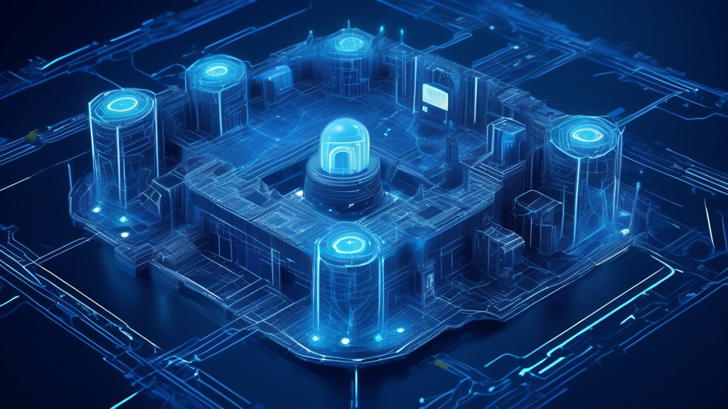 Create an image of a futuristic digital fortress with intricate network patterns, protected by a glowing Acronis logo at its core. The fortress should be surrounded by abstract representations of cybersecurity threats, such as malware symbols, firewalls, and encrypted codes, highlighting the theme of digital protection. The color scheme should be a mix of cool blues and vibrant greys to convey a sense of safety and technology.