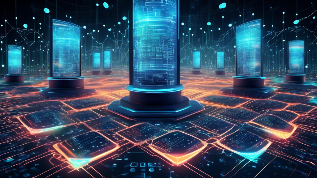 Create an image depicting a futuristic digital landscape with multiple layers of glowing security shields surrounding a central hub representing sensitive data. Include abstract representations of various high-tech security firms as guardian entities, each with distinct colors and designs, symbolizing their role in network protection. Add a dynamic backdrop of binary code and data streams to emphasize the theme of cyber security in 2023.