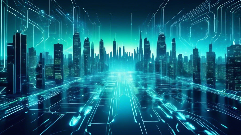 Create an image that visually represents the concept of ICT Cyber Security. Imagine a digital cityscape where glowing circuits form the skyline, with locks and shields subtly incorporated into the infrastructure. The scene is set in a futuristic style, symbolizing the protection of information and communication technology through cyber security measures. Use a color palette of blues and greens to signify safety and technology, with hints of red to represent threats that are being neutralized.