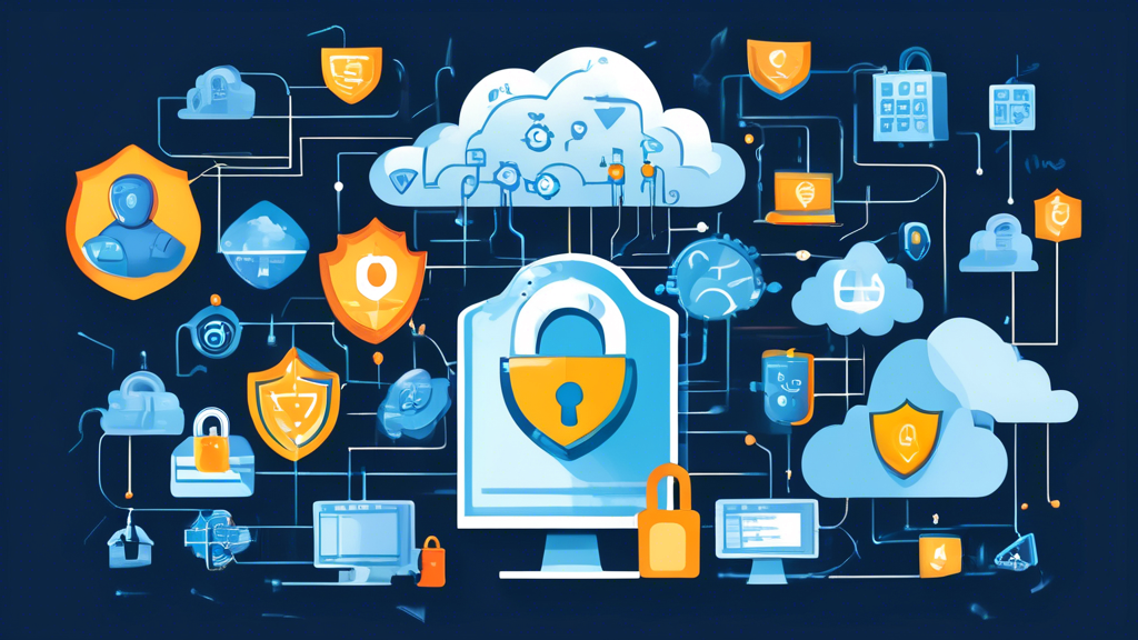 Create an illustration that visually represents the distinction between cyber security and cloud security. On one side, depict traditional computer security symbols such as locks, shields, and antivirus icons surrounding a desktop computer. On the other side, illustrate cloud security by showing data being securely stored and protected in a cloud, with encryption symbols, cloud servers, and digital shields. Include a split that highlights their unique elements while maintaining a cohesive overall design.