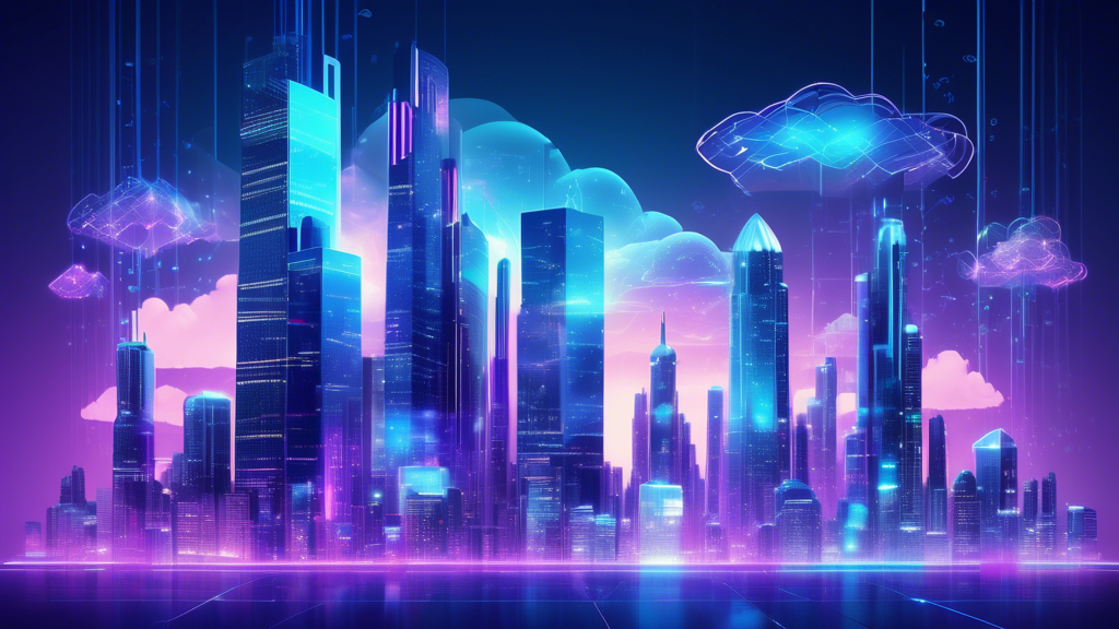 Create an image depicting a futuristic cityscape with towering skyscrapers, where digital shields and holographic locks hover in the air, symbolizing robust cyber security. Integrate elements of cloud technology with Azure-themed colors, like vibrant blues and purples, and incorporate subtle circuitry patterns into the architecture to reflect advanced Microsoft Azure solutions protecting the digital realm.