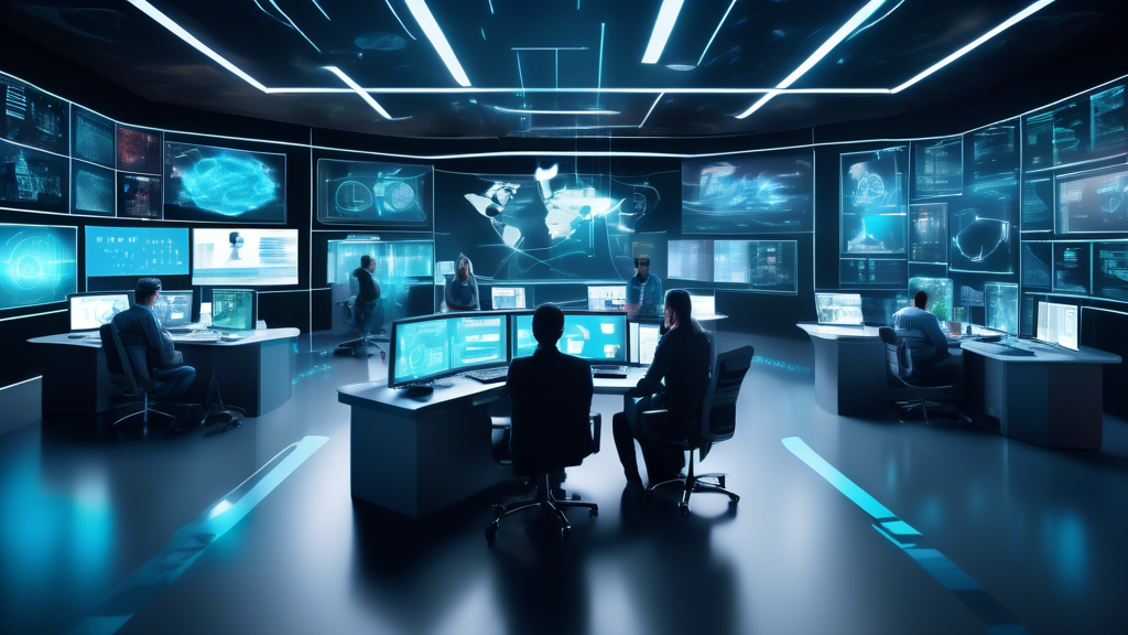 Create an image depicting a futuristic control room filled with holographic screens and digital interfaces, showcasing a team of diverse professionals actively monitoring and managing a cloud computing network. The screens display various cybersecurity tools and analytics, emphasizing best practices like encryption, firewall management, and threat detection. The scene should convey a sense of collaboration and cutting-edge technology in a secure environment.