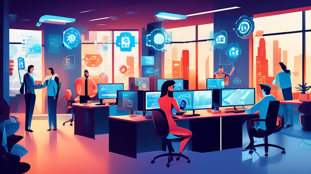 Create an illustration of a modern office environment buzzing with professionals at work, featuring prominently displayed digital security elements such as firewalls, antivirus software icons, and shield symbols protecting computer screens. The scene should capture a sense of collaboration and productivity, while also emphasizing the integration of robust cybersecurity measures. Include diverse employees and technology devices, symbolizing the importance of internet security in business success.