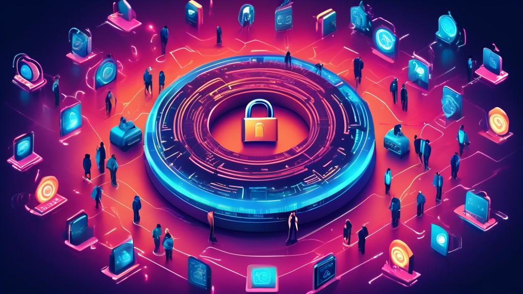 Create an image that visually represents the concept of online internet security. Imagine a futuristic digital landscape with a giant padlock at the center, symbolizing strong security. Surround the padlock with various elements like encrypted codes, shields, and digital firewalls. Include a diverse group of people interacting with devices, showcasing their confidence in a safe digital environment. The overall tone should be vibrant and convey a sense of protection and technological advancement.