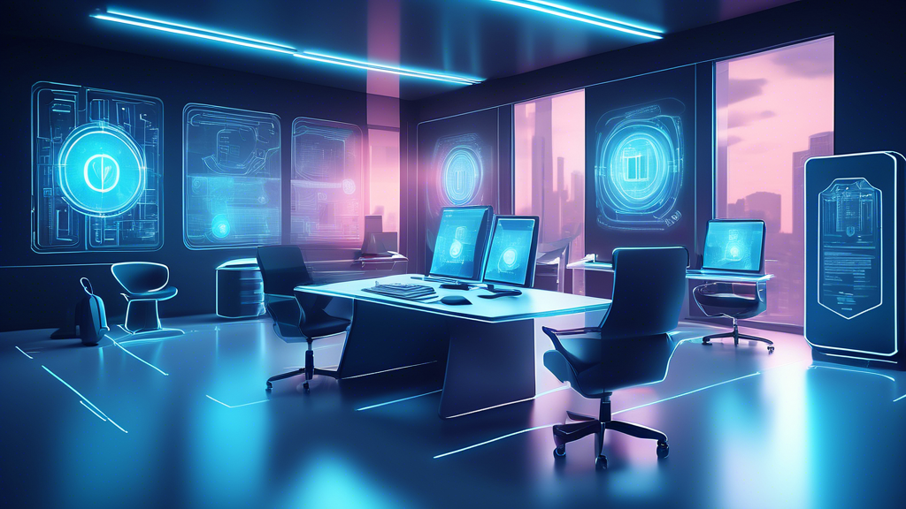 Create an image of a futuristic office workspace with holographic computer screens and advanced cybersecurity elements like a digital lock and shield icons hovering around the devices. The room is a blend of modern minimalism and high-tech aesthetics, conveying a sense of safety and peace of mind in a digitally secure environment.