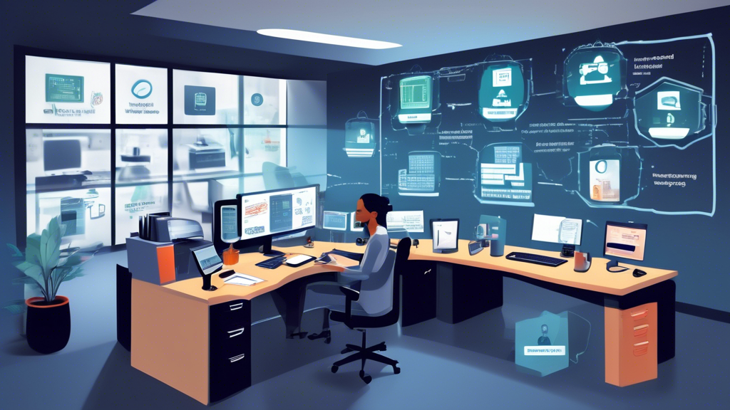 Create an image showcasing a small business office environment where various computer security strategies are being implemented. Include elements like a desktop showing a firewall interface, a bulletin board with a checklist of security protocols, a team of diverse employees engaging in a cybersecurity training session, a locked server room door, and a digital screen displaying encrypted data transfer. The setting should convey a sense of vigilance and proactive measures in the fight for robust cybersecurity.