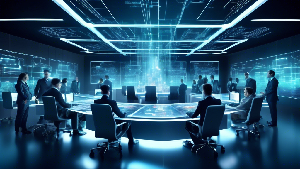 Create an image of a futuristic office environment featuring a digital fortress protecting network servers, with a diverse team of IT professionals and business executives strategizing around a holographic table. The scene should convey a sense of cooperation and cutting-edge technology, symbolizing robust business internet security measures. Include elements like firewalls, antivirus shields, and a glowing padlock to emphasize cyber protection.