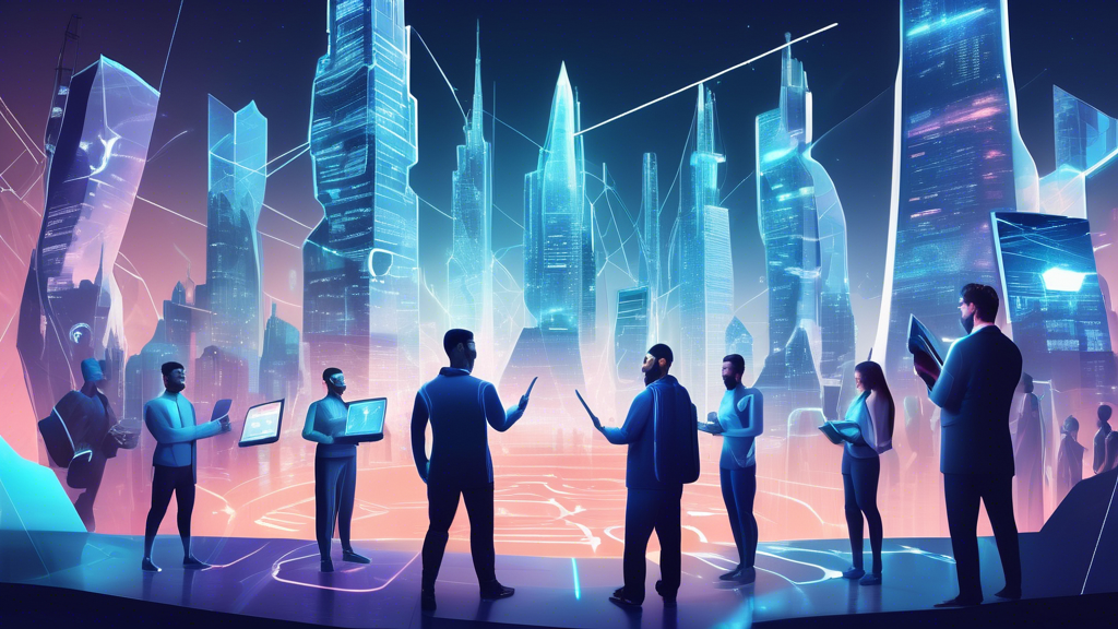 Create an image depicting a futuristic digital landscape where towering structures represent various cybersecurity threats. In the foreground, a diverse group of tech professionals, armed with tablets and holographic interfaces, are collaboratively developing a shield-like barrier labeled OWASP to protect the digital city. The scene should symbolize teamwork, innovation, and vigilance in cybersecurity best practices.